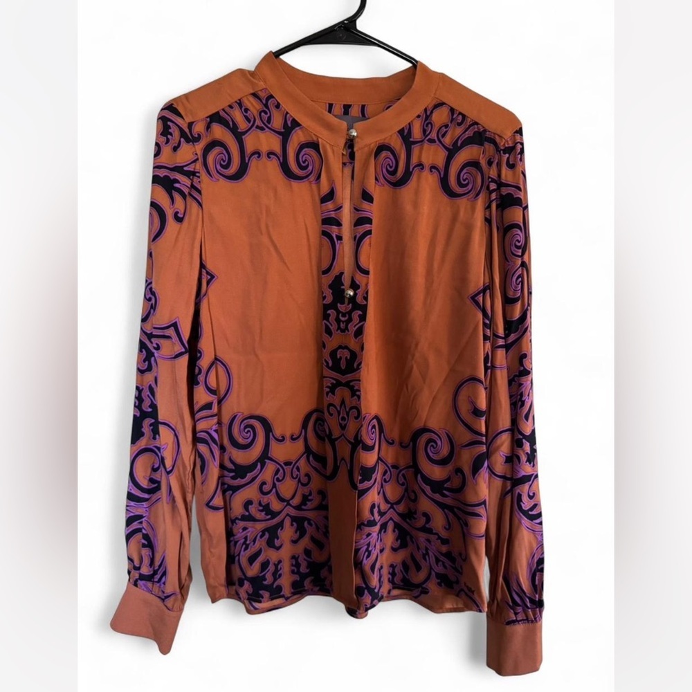 Hale Bob Orange Silk Blouse with Purple Swirl Design